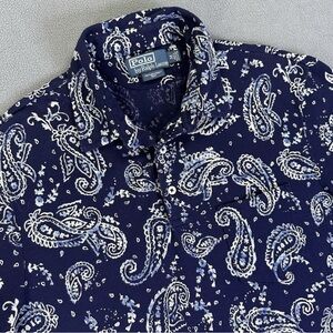 Ralph Lauren Polo Shirt Medium Blue Paisley Featherweight Mesh Prep Western